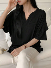 Women's Solid Color Notched V-Neck Ruffle Hem Short Sleeve Casual T-Shirt For Spring/Summer